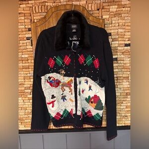 Vintage Designer Originals Holiday Snowman Argyle fur collar cardigan sweater XL